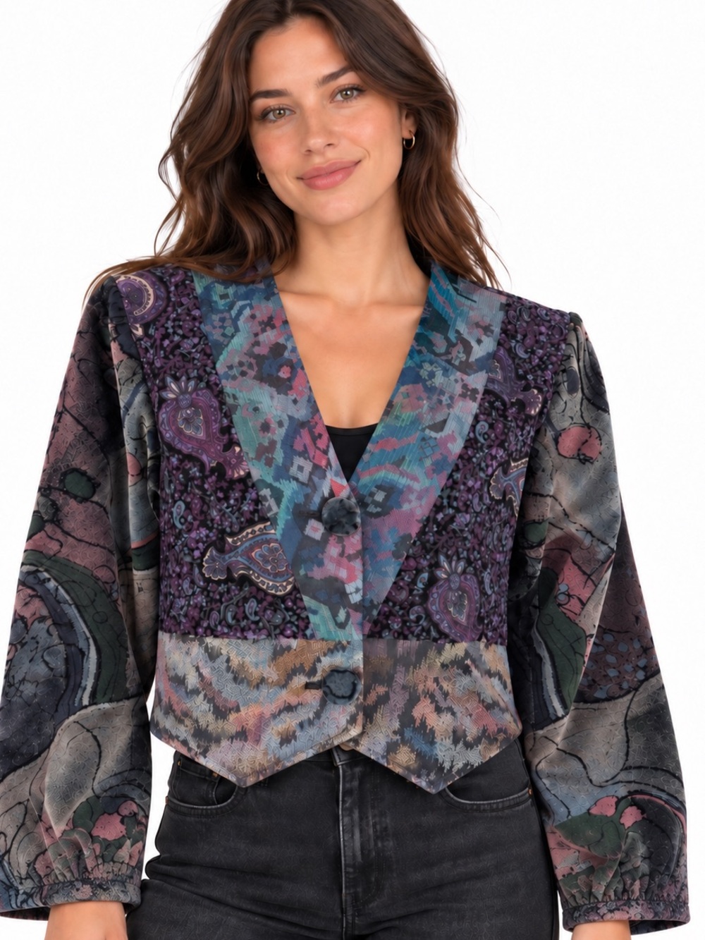 Vintage 90s Villa Factory Velvet Tapestry Patchwork Cropped Blazer Canada Sm/Med